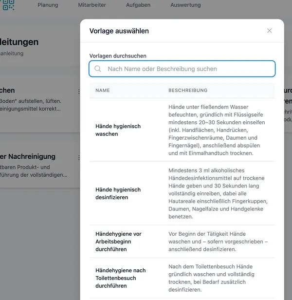 Vorlagen-Dialog in Hyginify