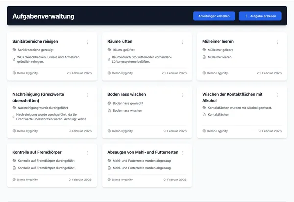 Aufgabenübersicht im Hyginify Dashboard