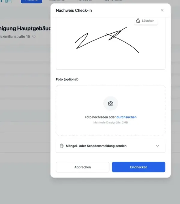 Checkin-Seite in Hyginify mit Unterschrift und Fotooption