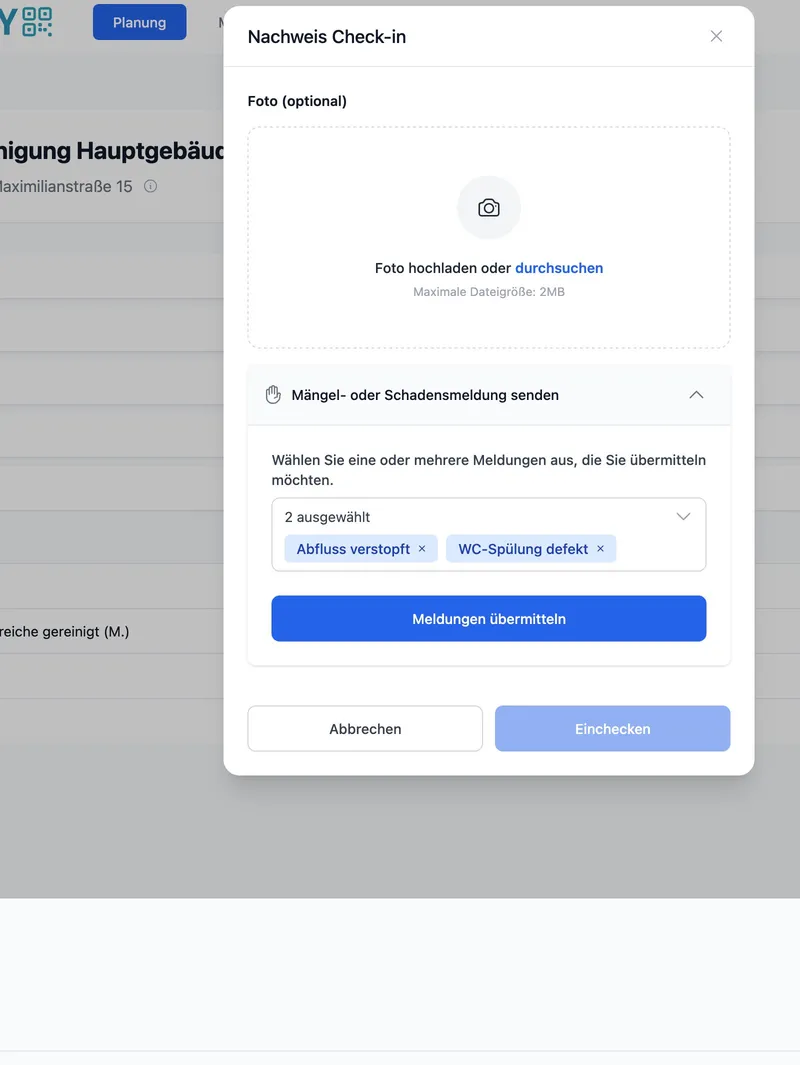 Mängelmeldung während des Check-ins