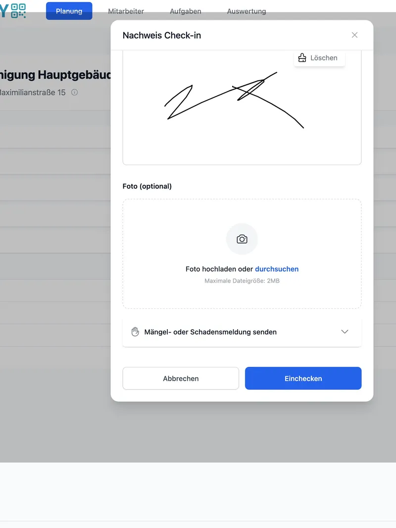Check-in mit digitaler Unterschrift und Fotonachweis