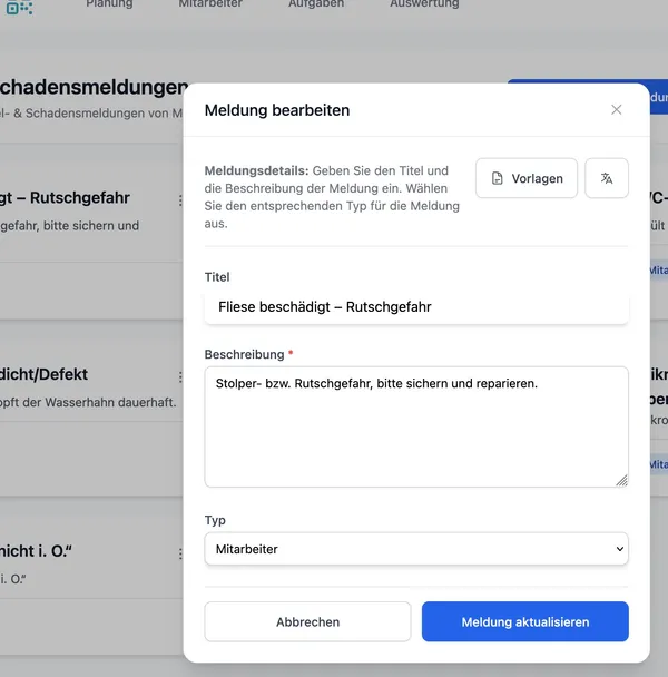 Mangel beschreiben mit Titel und Beschreibung