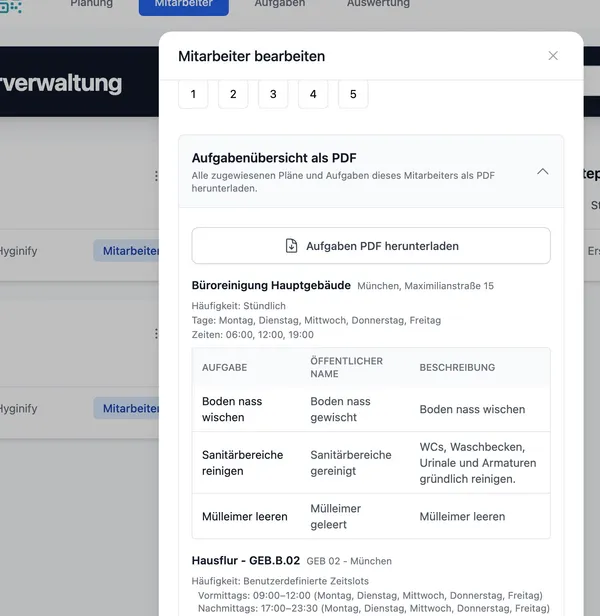 Mitarbeiter-Aufgaben-PDF in Hyginify