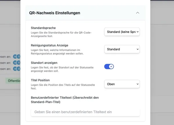 QR-Nachweis Einstellungen für die öffentliche Anzeigeseite