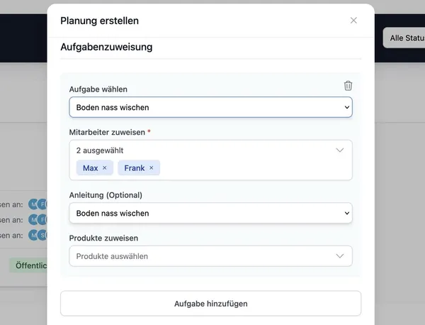 Aufgaben- und Mitarbeiterzuweisung beim Reinigungsplan