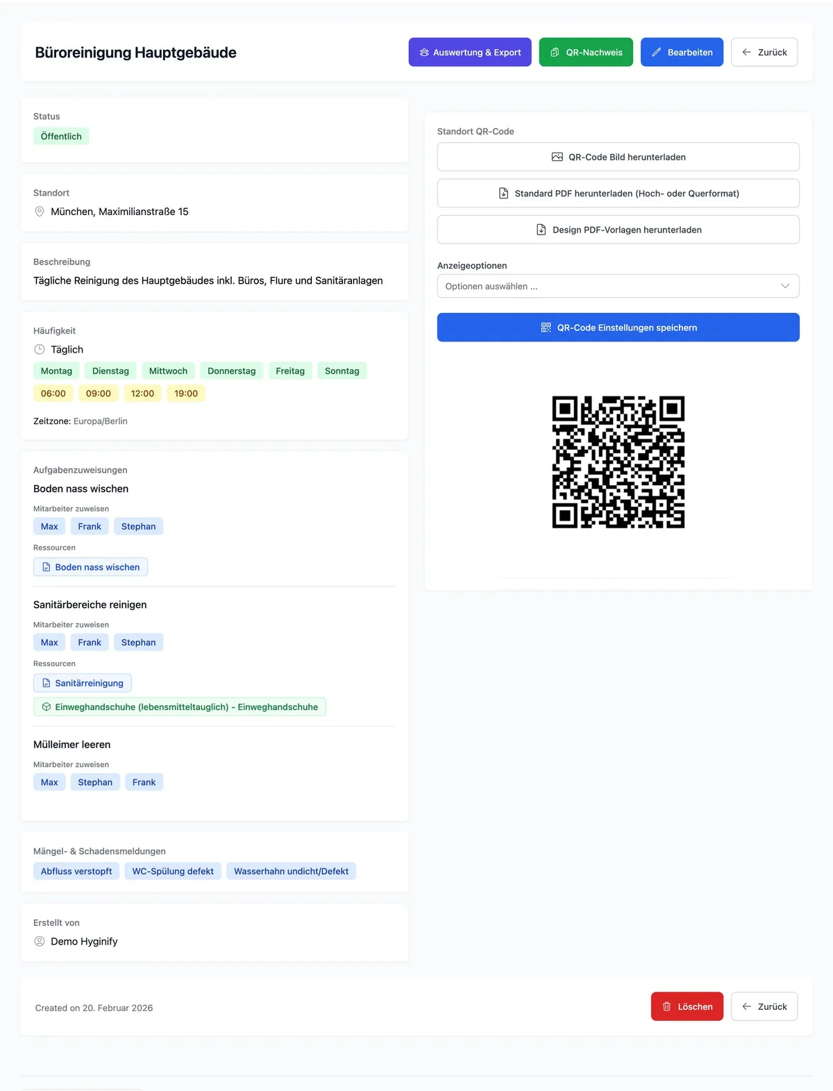 Reinigungsplan Industrie – vollständige digitale Planansicht mit Aufgaben und Zeitfenstern