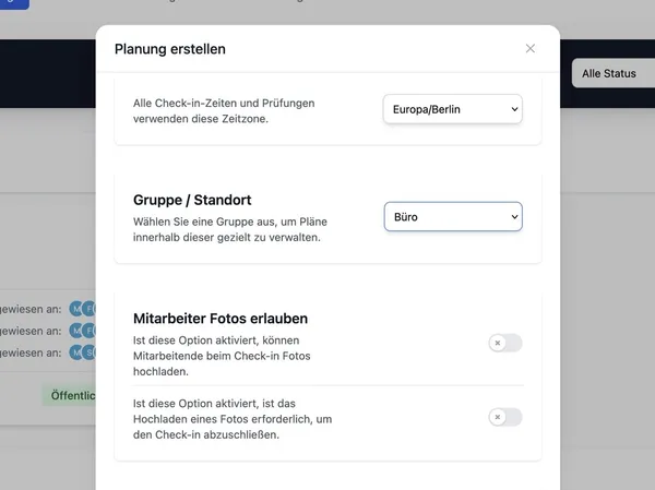 Gruppen, Zeitzone und Foto-Einstellungen eines Reinigungsplans