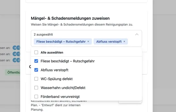 Mängel- und Schadensmeldungen einem Reinigungsplan zuweisen