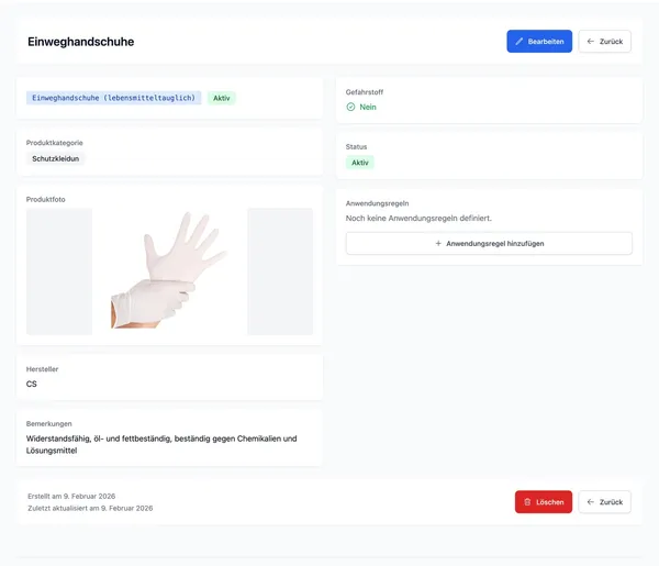 Produktdetails mit Sicherheitsdatenblatt in Hyginify