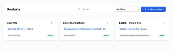 Produktverwaltung Übersicht in Hyginify