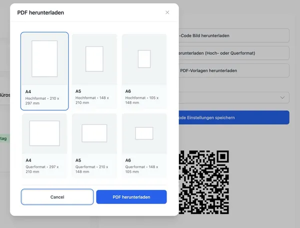 Standard PDF Format-Auswahl mit A4, A5 und A6 Optionen
