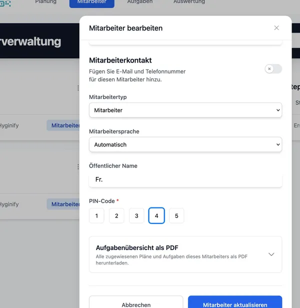 Mitarbeiterverwaltung in Hyginify mit Modal zum Anlegen eines neuen Mitarbeiters