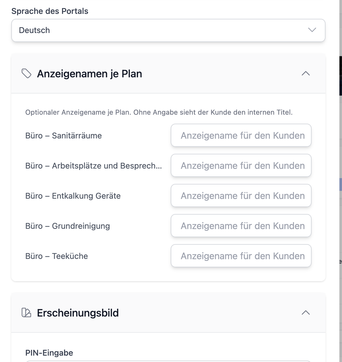 Anzeigenamen je Plan für den Kunden festlegen