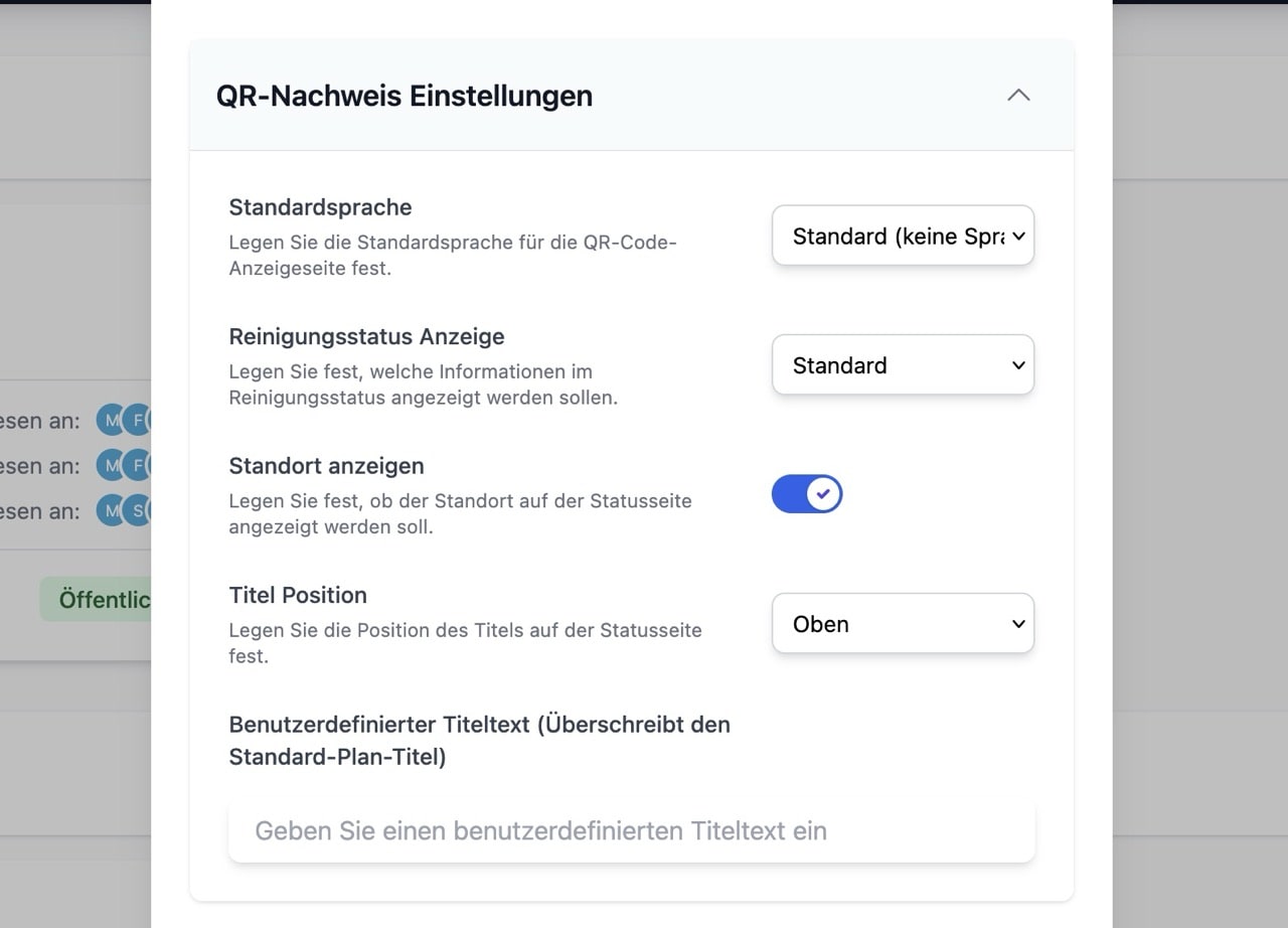 Öffentliche Statusseite eines Reinigungsplans