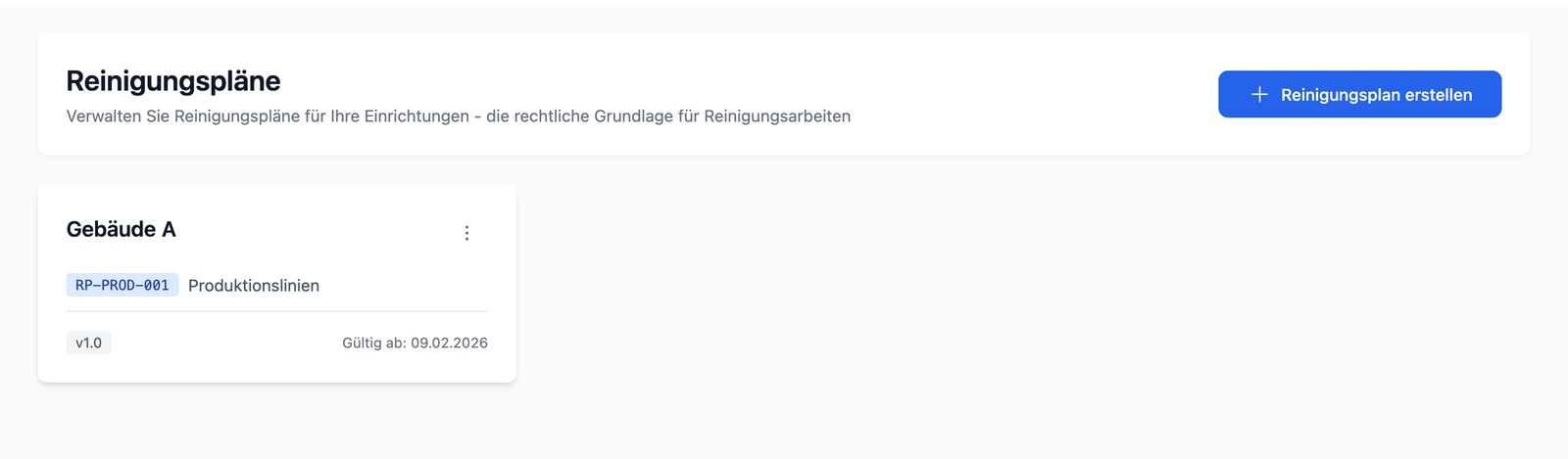 Übersicht der Reinigungspläne mit Status