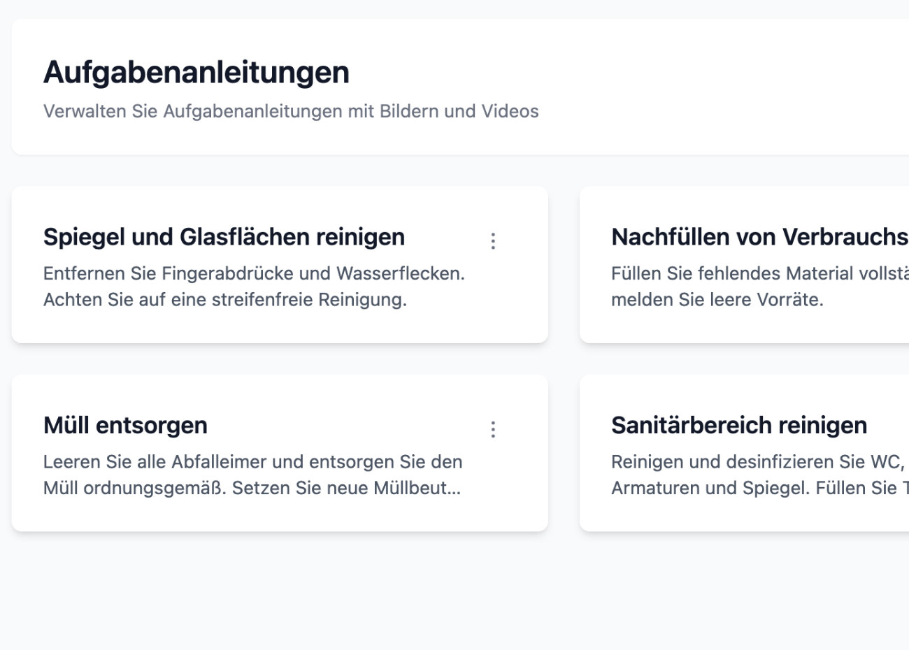 Aufgabenverwaltung in Hyginify mit den Aufgaben Sanitärbereiche reinigen, Räume lüften und Mülleimer leeren