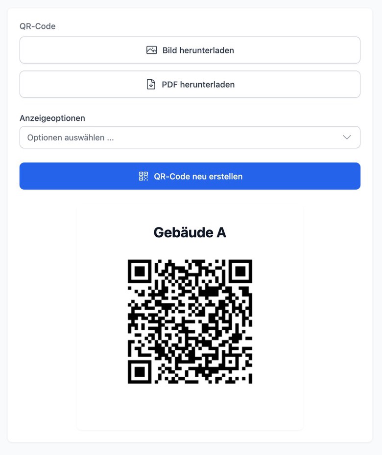 QR-Code für das Objekt „Gebäude A“ in Hyginify, darüber die Schaltflächen zum Herunterladen als Bild oder PDF