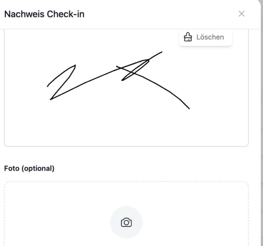 Fenster „Nachweis Check-in“ in Hyginify mit geleisteter Unterschrift und Feld für ein optionales Foto