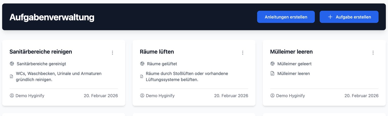 Aufgabenverwaltung in Hyginify mit den Aufgaben Sanitärbereiche reinigen, Räume lüften und Mülleimer leeren