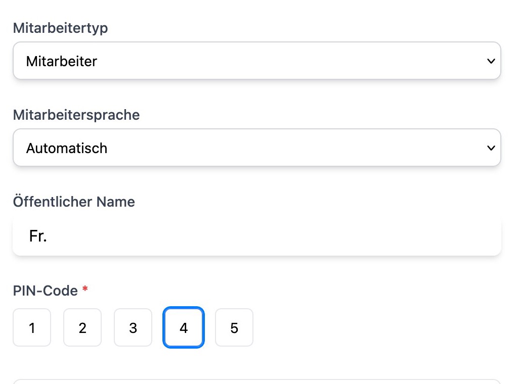 Formular für einen Mitarbeiter in Hyginify mit automatischer Sprachwahl und fünfstelligem PIN-Code