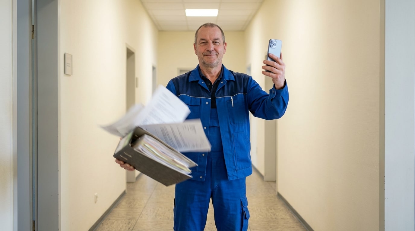 Hausmeister mit Aktenstapel und Smartphone im Flur